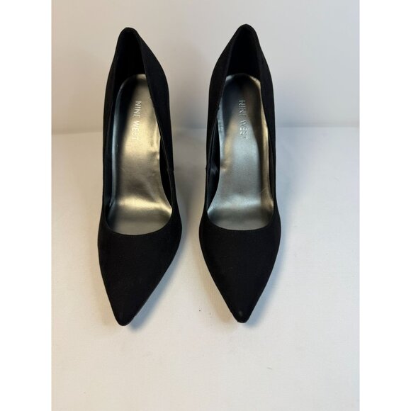 Nine West Paulee Pumps Women Size 8.5M Black Leathe Croc Pointed Toe Block Heel - Picture 2 of 13